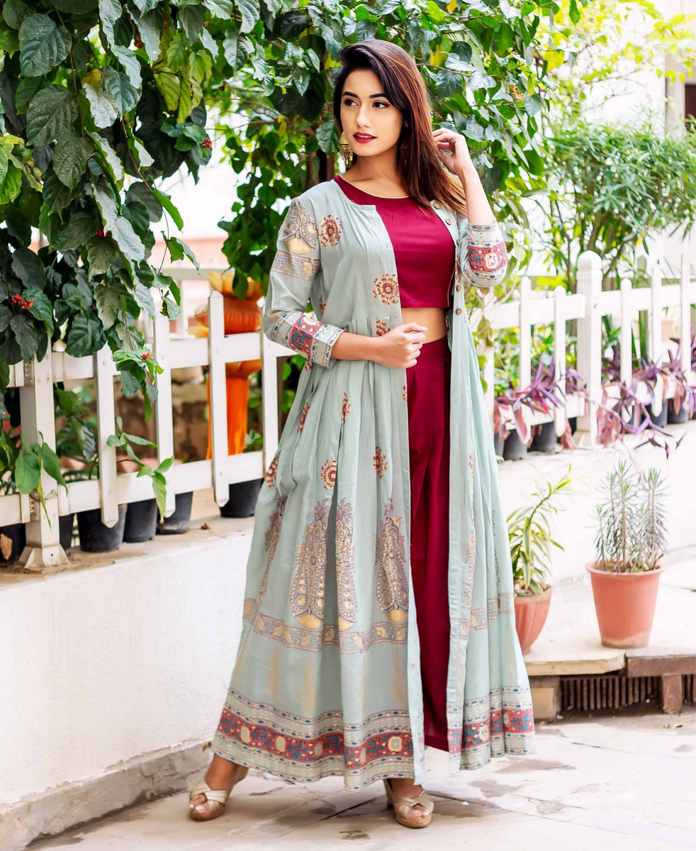 Designer Indowestern Dress with Floor Length Jacket Designer Indowestern Dress with Floor Length Jacket