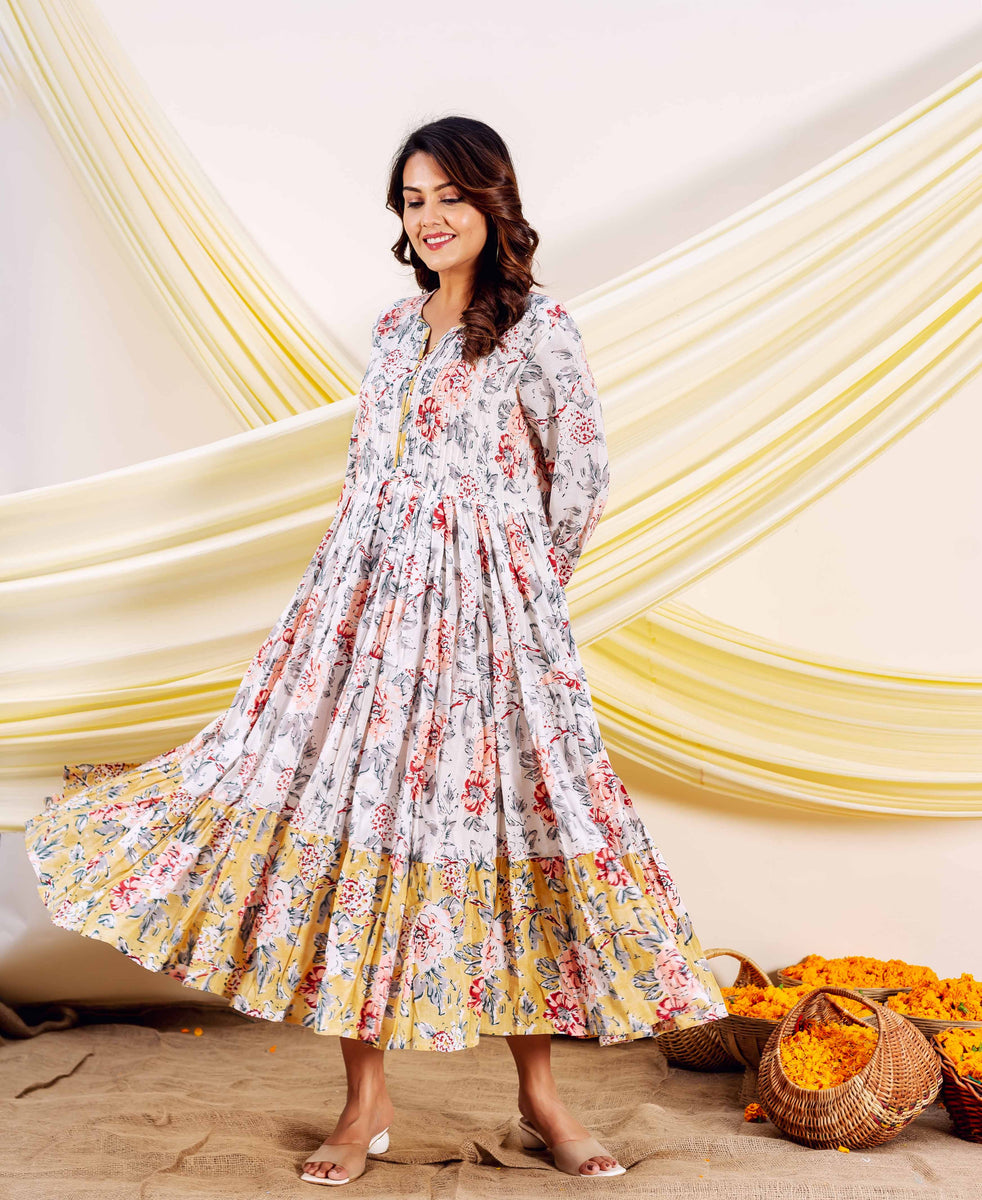 Ivory Petal Hand Block Printed Cotton Dress – Missprint India
