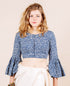 Blue and White Round Neck Hand Block Printed Crop Top Blouse