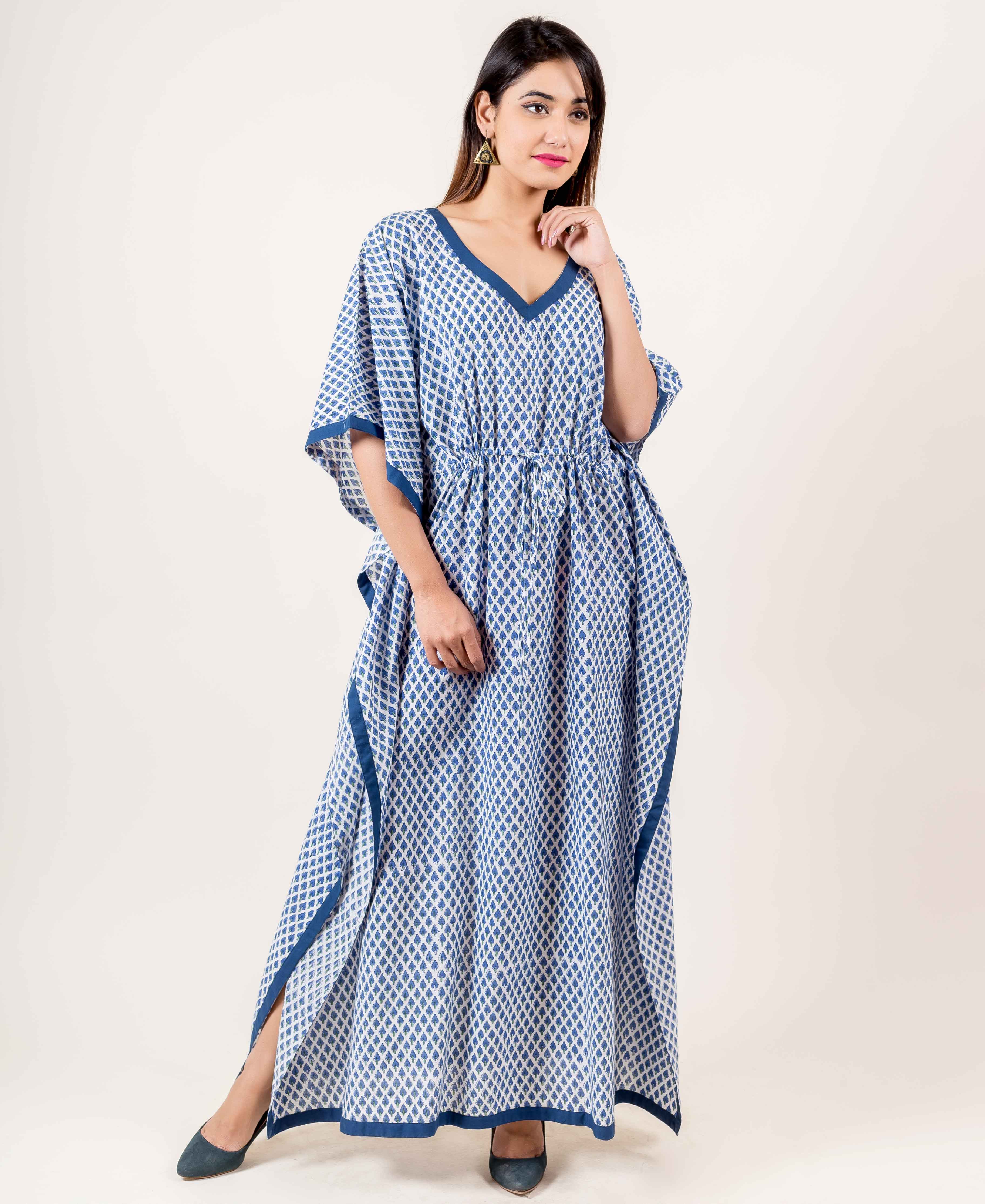 White And Blue Kaftan Dress With Adjustable Waist Line - 5XL White And Blue Kaftan Dress With Adjustable Waist Line - 5XL