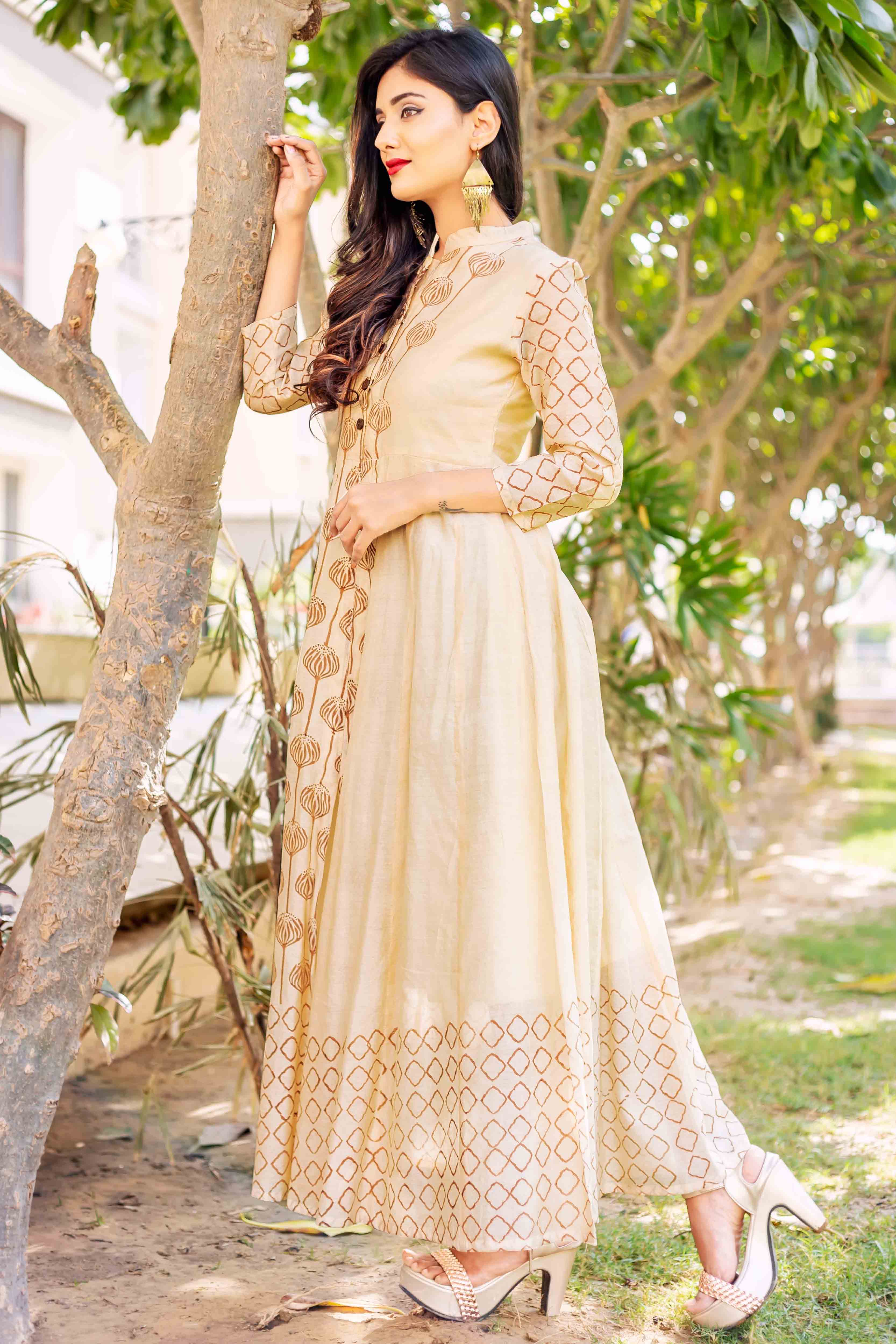 Kayra Beige and Brown Placement Printed Dress XS / With Dupatta Kayra Beige and Brown Placement Printed Dress XS / With Dupatta