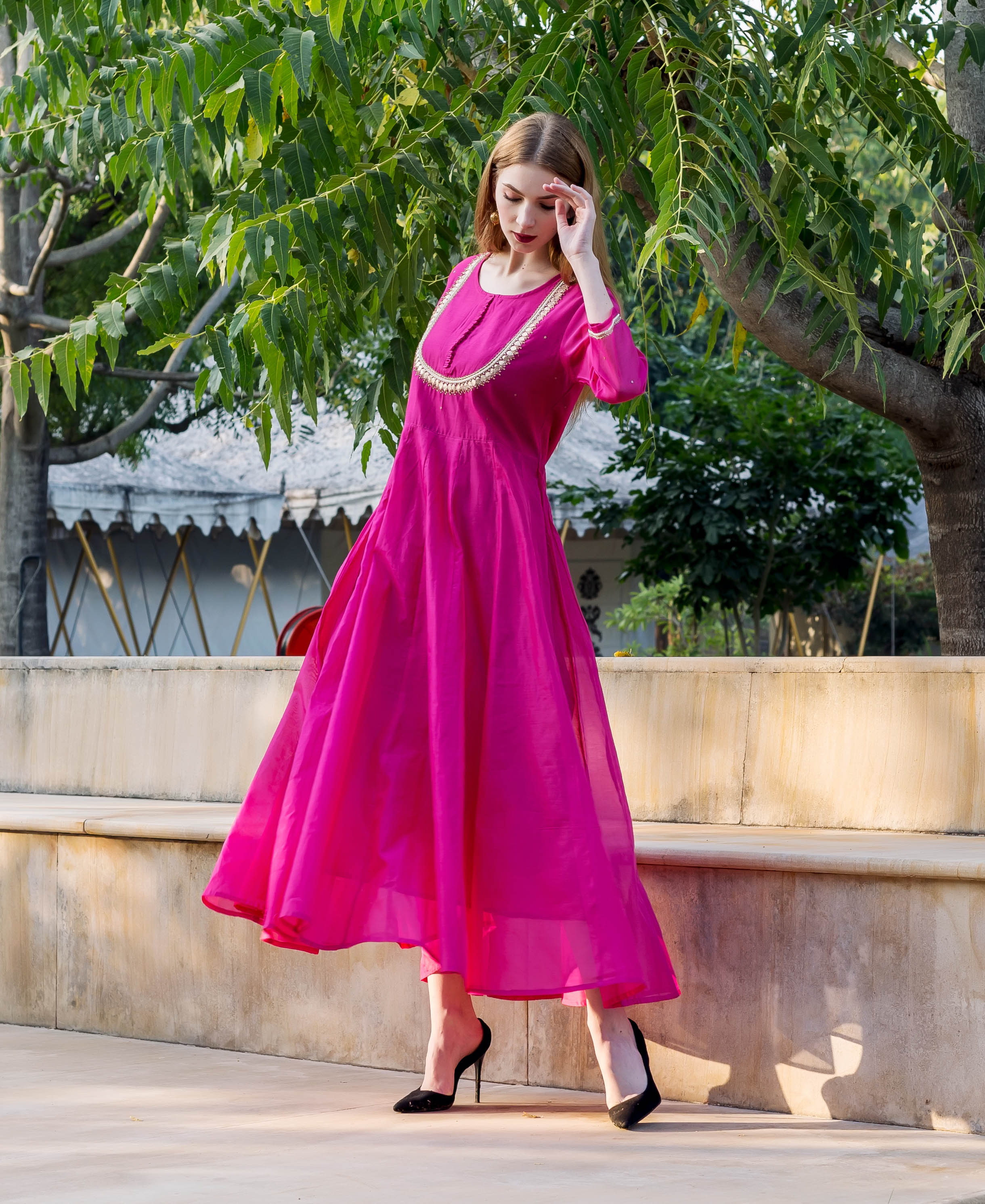 raspberry pink dress Eshika Raspberry Pink Embroidered Chanderi Dress 6XL / No Dupatta