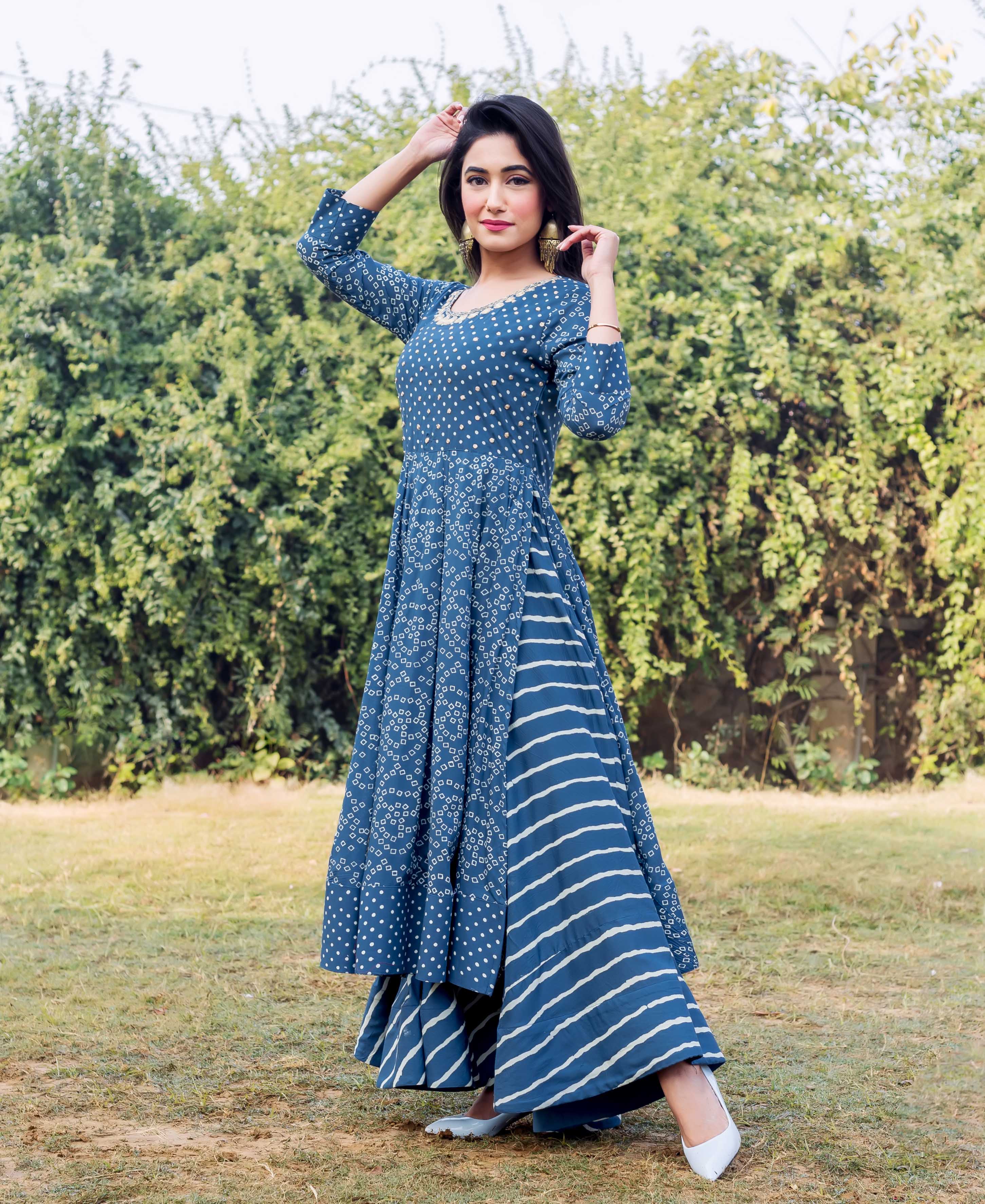 indigo dress design Indigo Cotton Denim Fit and Flare Sleeveless Dress 66" / Custom Height (Free)