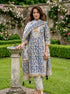 Dusty Blue Hand Block Print Cotton Kurta Set with Afghani Salwar & Dupatta
