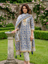 Dusty Blue Hand Block Print Cotton Kurta Set with Afghani Salwar & Dupatta