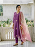 Mauve Purple Chanderi Silk Kurta Set with Pants & Block Print Dupatta