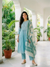 Aqua Pitta-Work Silk Chanderi Kurta Set with Pants & Block Print Dupatta