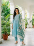 Aqua Pitta-Work Silk Chanderi Kurta Set with Pants & Block Print Dupatta