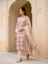 Ivory & Coral Hand Block Print Silk Chanderi Kurta Set with Pants & Dupatta