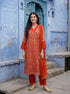 Rust Orange Hand Block Print Organza Kurta Set with Pants & Dupatta