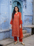 Rust Orange Hand Block Print Organza Kurta Set with Pants & Dupatta