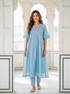 Powder Blue Pintucked Silk Chanderi Kurta with Dola Silk Pants