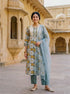 Sage Grey Floral Hand Block Print Cotton Kurta Set with Pants & Kota Dupatta