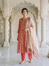 Coral Hand Block Print Silk Chanderi Kurta Set with Pants & Dupatta
