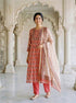 Coral Hand Block Print Silk Chanderi Kurta Set with Pants & Dupatta