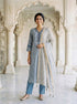 Dusty Blue Block Print Silk Chanderi Kurta with Pants & Chanderi Dupatta