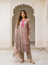 Beige Hand Block Print Silk Chanderi Kurta Set with Pants & Dupatta