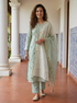 Sage Green Embroidered Silk Chanderi Kurta Set with Pants & Gold Border Dupatta