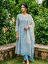Light Blue Hand Block Print Kota Doria Kurta Set with Pants & Dupatta