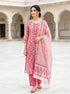 Pink Hand Block Print Kota Doria Kurta Set with Pants & Dupatta