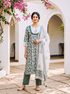 Sage Green Hand Block Print Cotton Kurta Set with Pants & Kota Dupatta