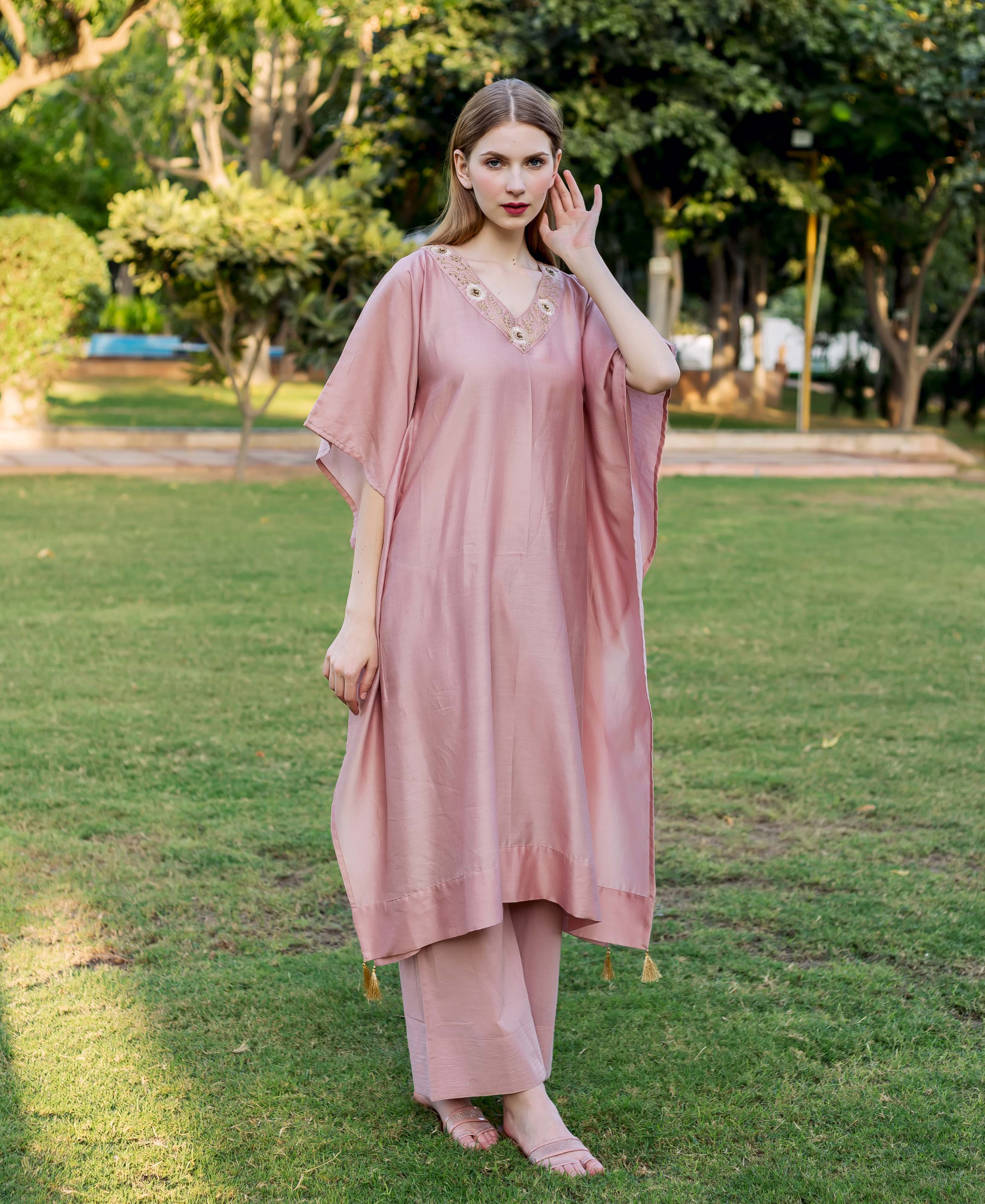 pink kaftan dress Dusty Pink Hand Embroidered Kaftan 6XL / With Bottom