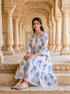 Blue Floral Hand Block Print Cotton Tiered Maxi Dress