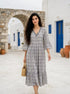 Multicolour Handblock Cotton Bell-Sleeve Dress with Pleated Yoke