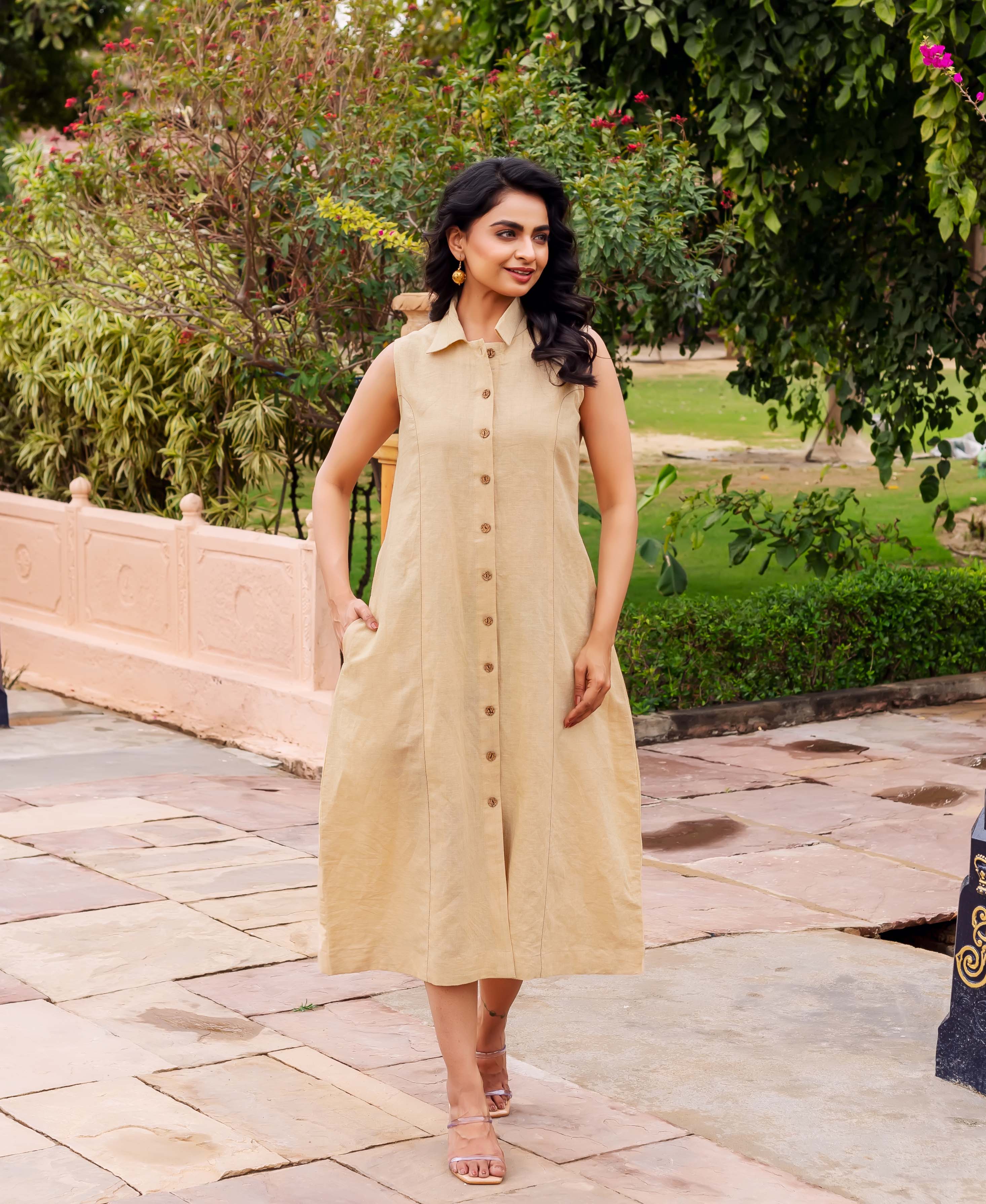 Aditi Beige Linen Dress M Aditi Beige Linen Dress M