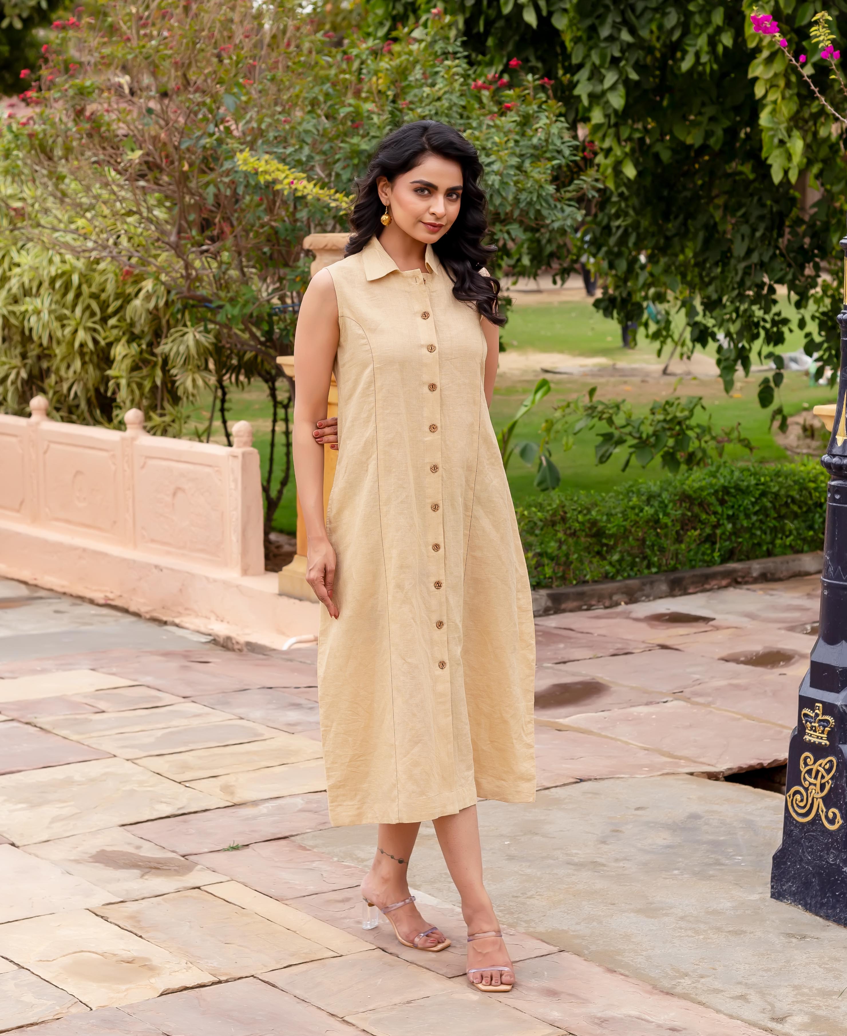 Womens Dresses Tan Dress With Sleeves Aditi Beige Linen Dress M Womens Dresses Tan Dress With Sleeves Aditi Beige Linen Dress M