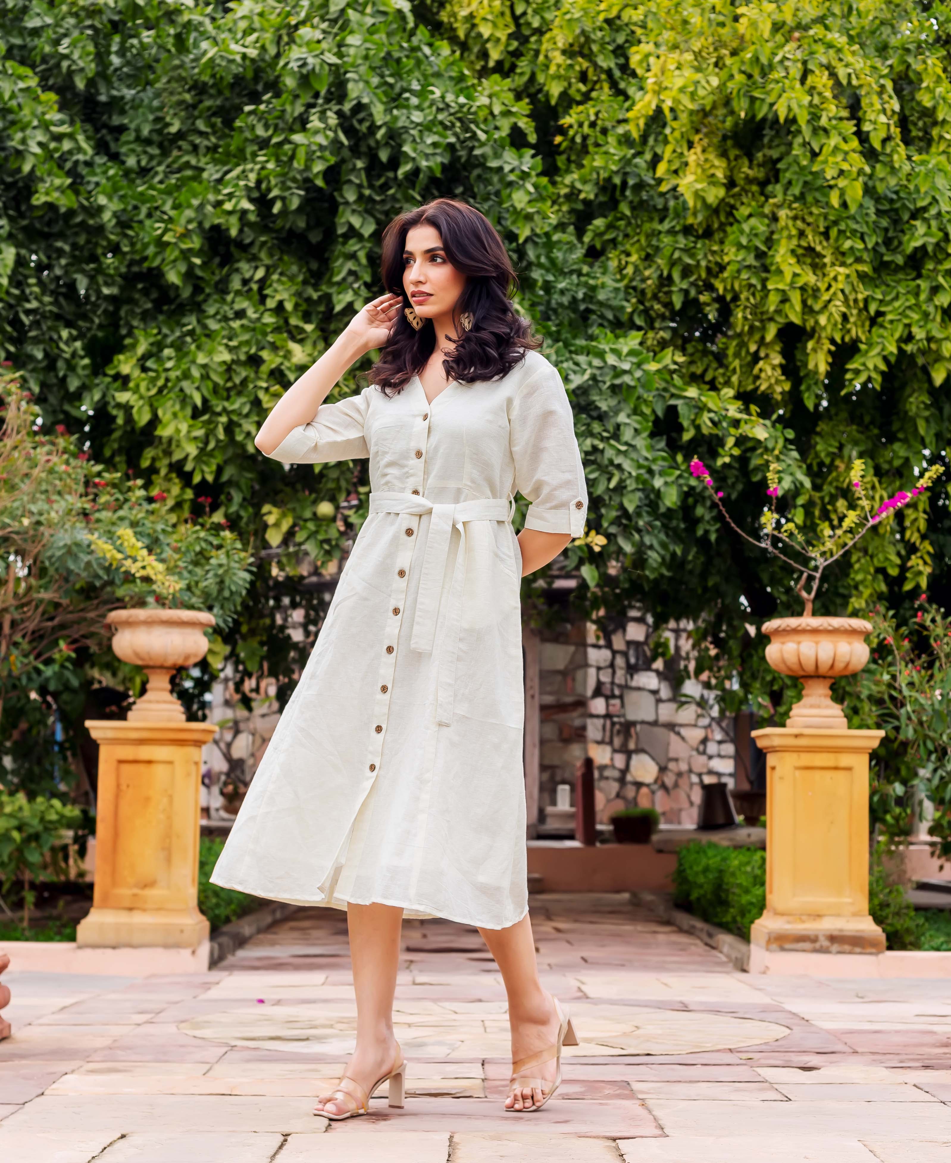 white linen dress india Nadi Dress White - Boho Relaxed Fit Midi Cotton