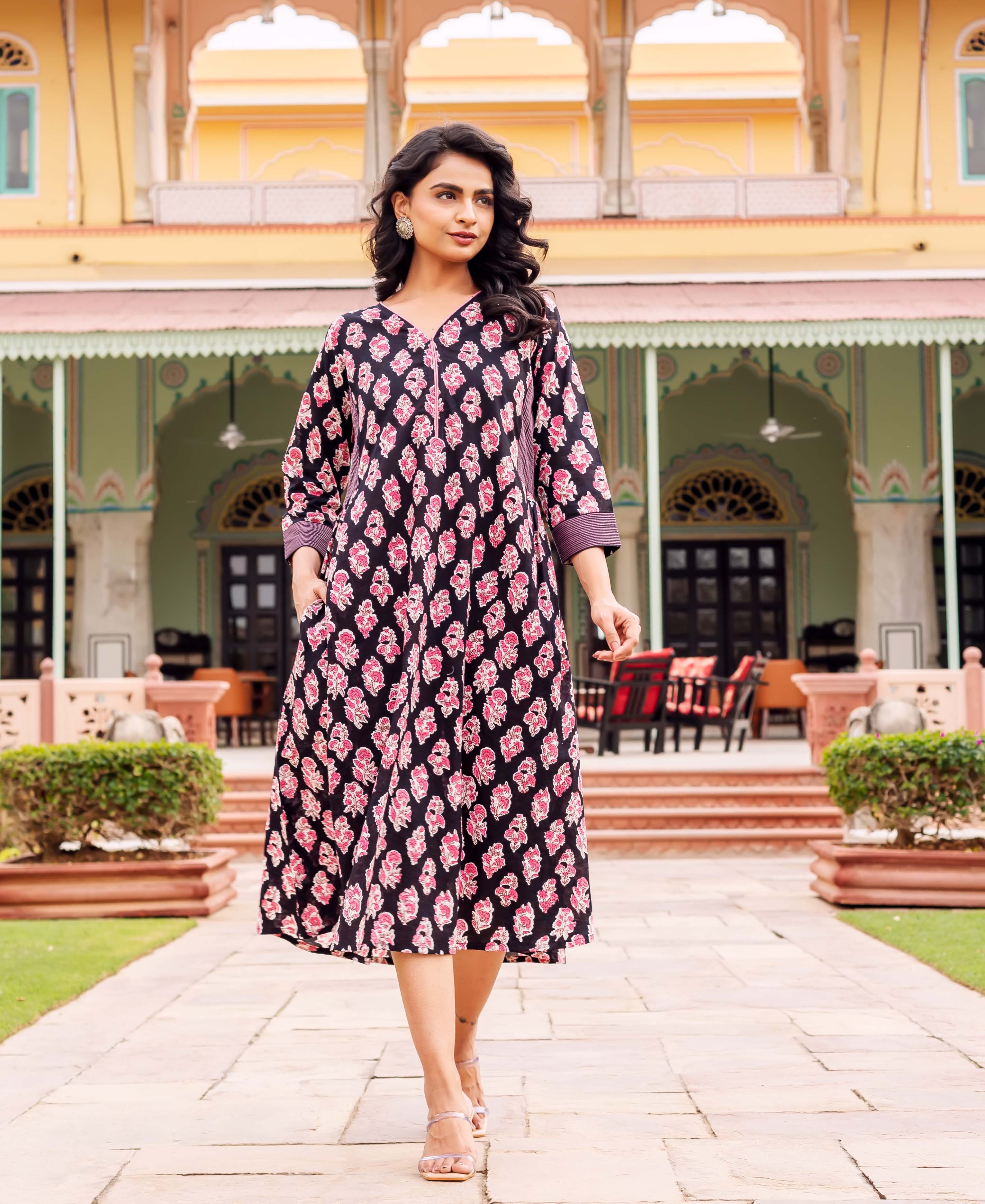 cotton printed dress india Pure Cotton Maxi Dress Indian Block Print Summer Earthy Nature Beach Goddess Comfy Daywear Boho Beach Outfit | Leaves Pink White Floral Fair trade products, Vintage & Bohemian style