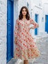 White & Peach Floral Handblock Tiered Cotton Dress