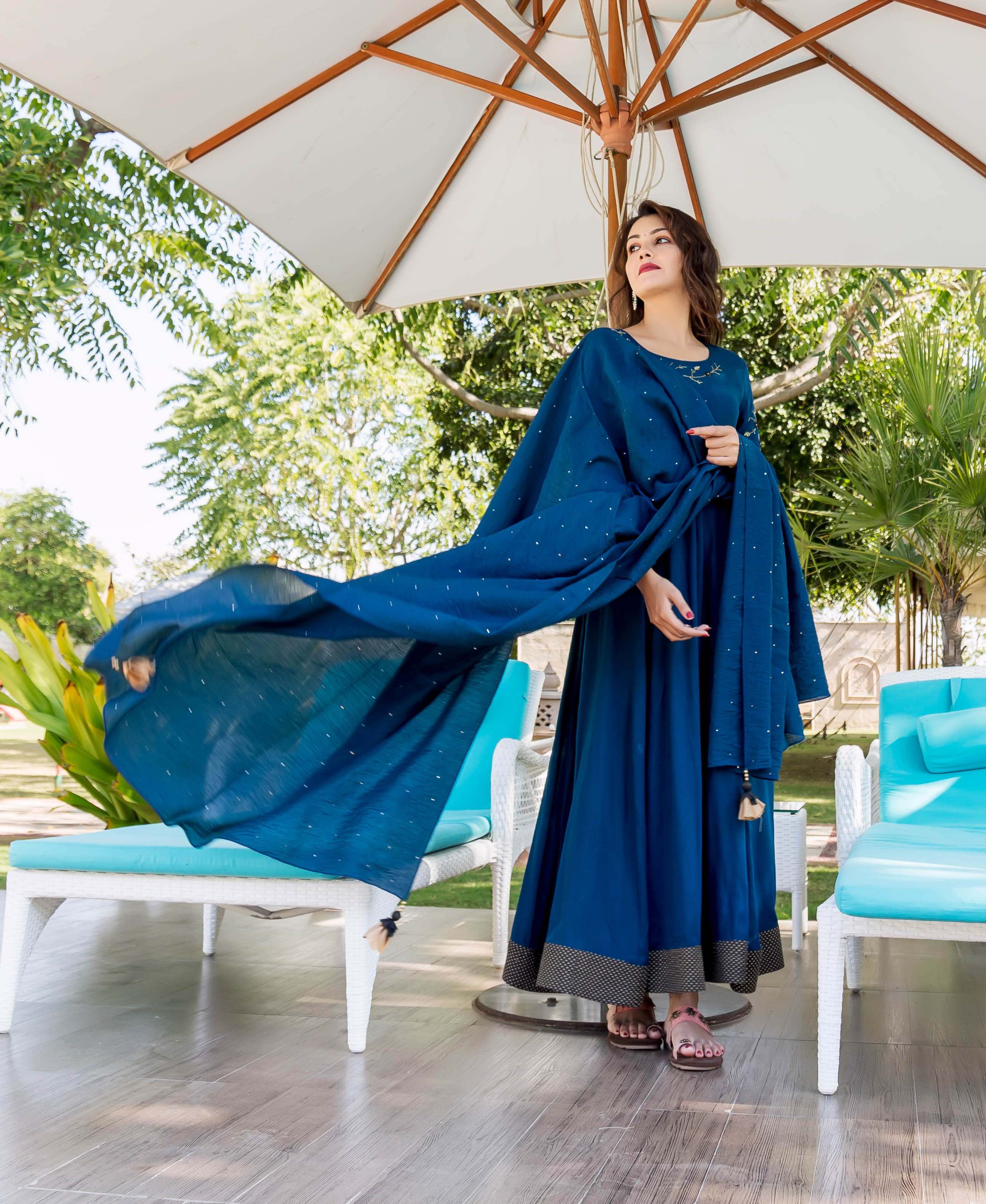 Yukta Oxford Blue Hand Embroidered Anarkali Dress - 2XL / With Dupatta Yukta Oxford Blue Hand Embroidered Anarkali Dress - 2XL / With Dupatta