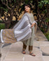 Olive Green Striped Printed and Embroidered Kurta