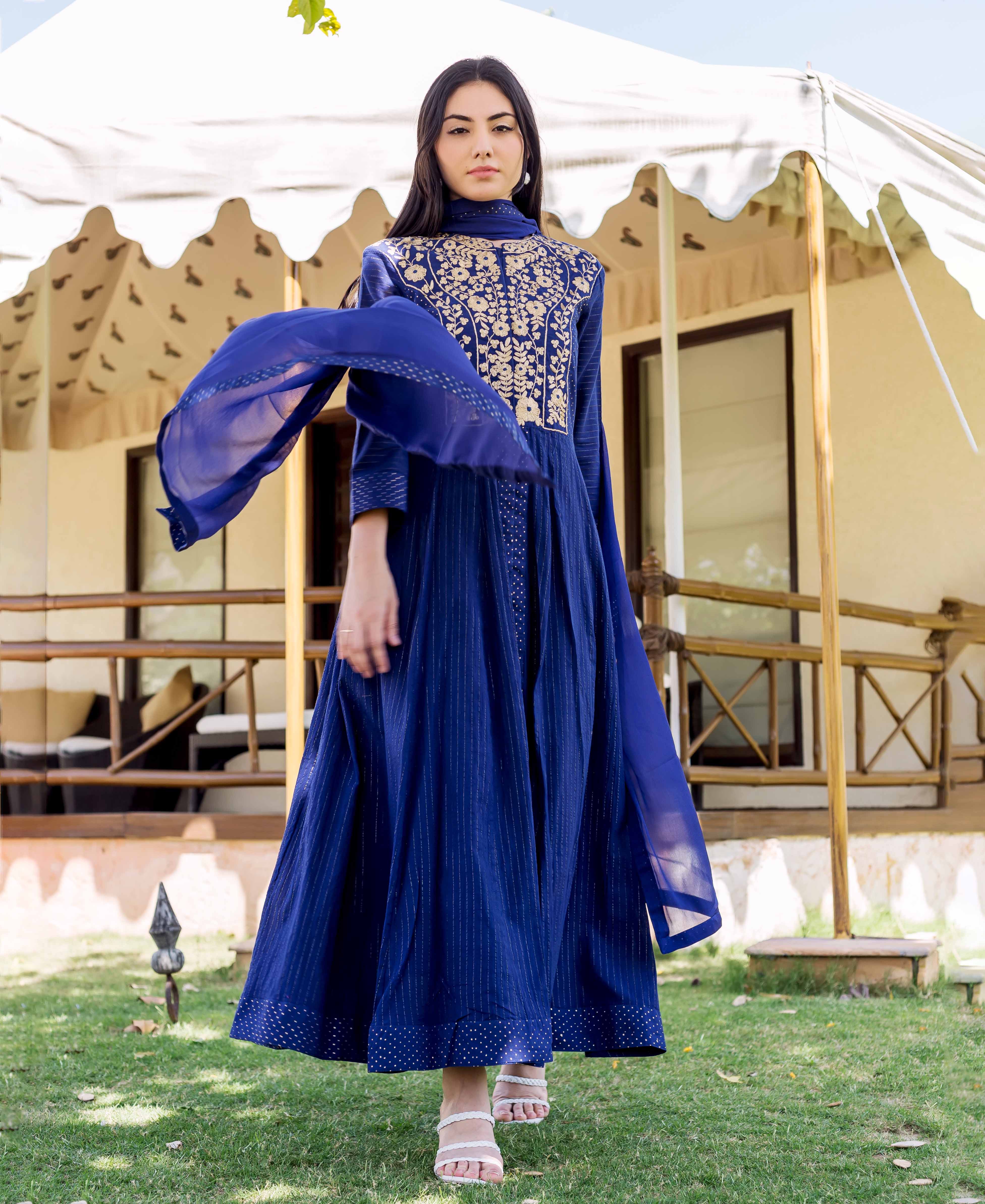 Bindhiya Royal Blue Printed and Embroidered Dress Missprint India Bindhiya Royal Blue Printed and Embroidered Dress Missprint India