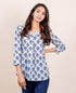 White and Blue Hand Block Printed V-Neck Top