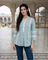 Aqua Handblock Cotton Mandarin Top with Lace Yoke