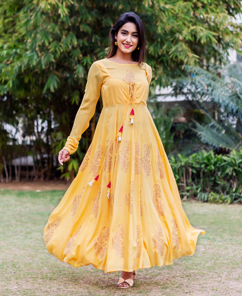 Yellow and Golden Rayon Long Anarkali Dress Missprint India