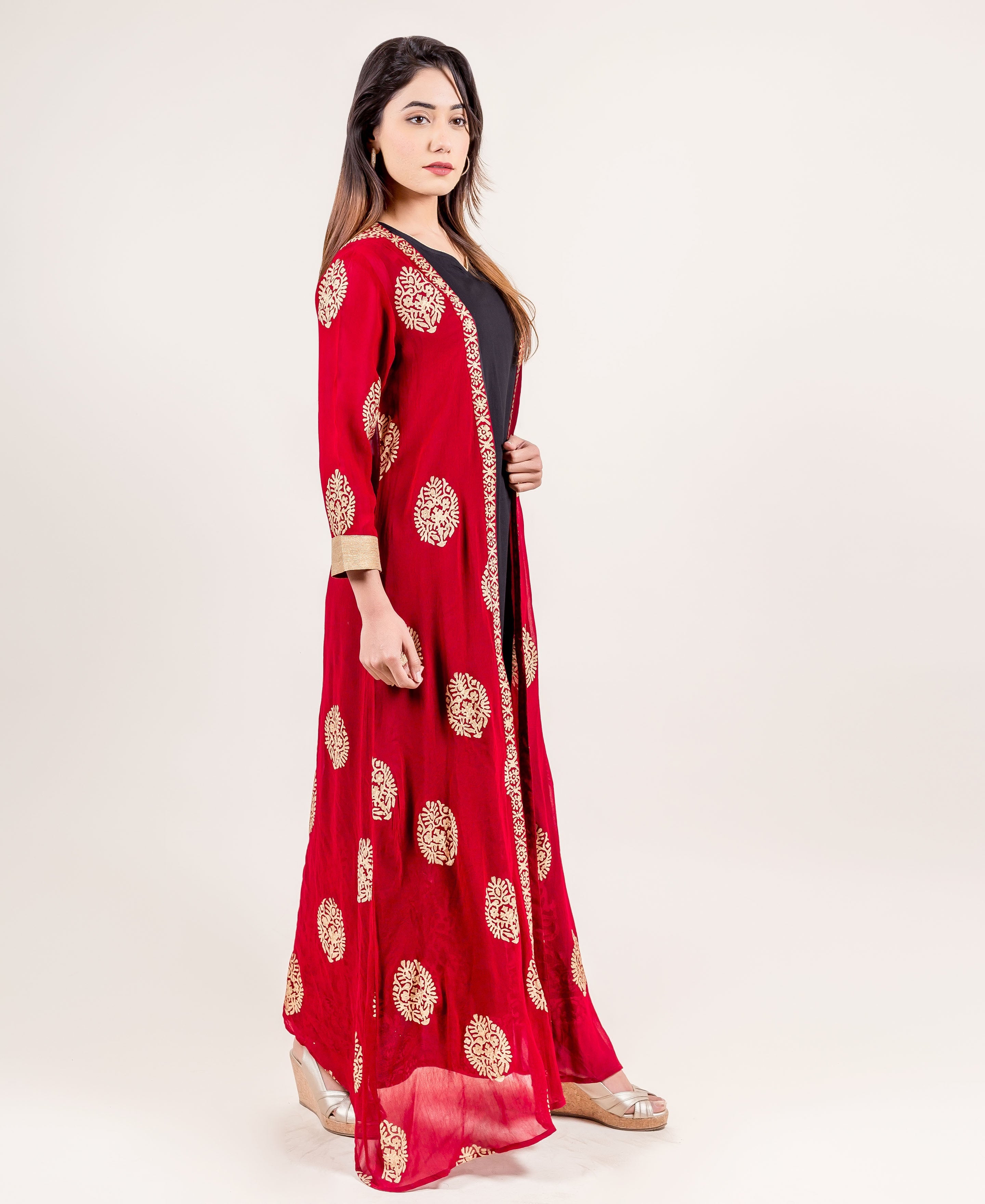 Gold Printed Designer Jacket Style Long Georgette Indo Western Dress - S Gold Printed Designer Jacket Style Long Georgette Indo Western Dress - S