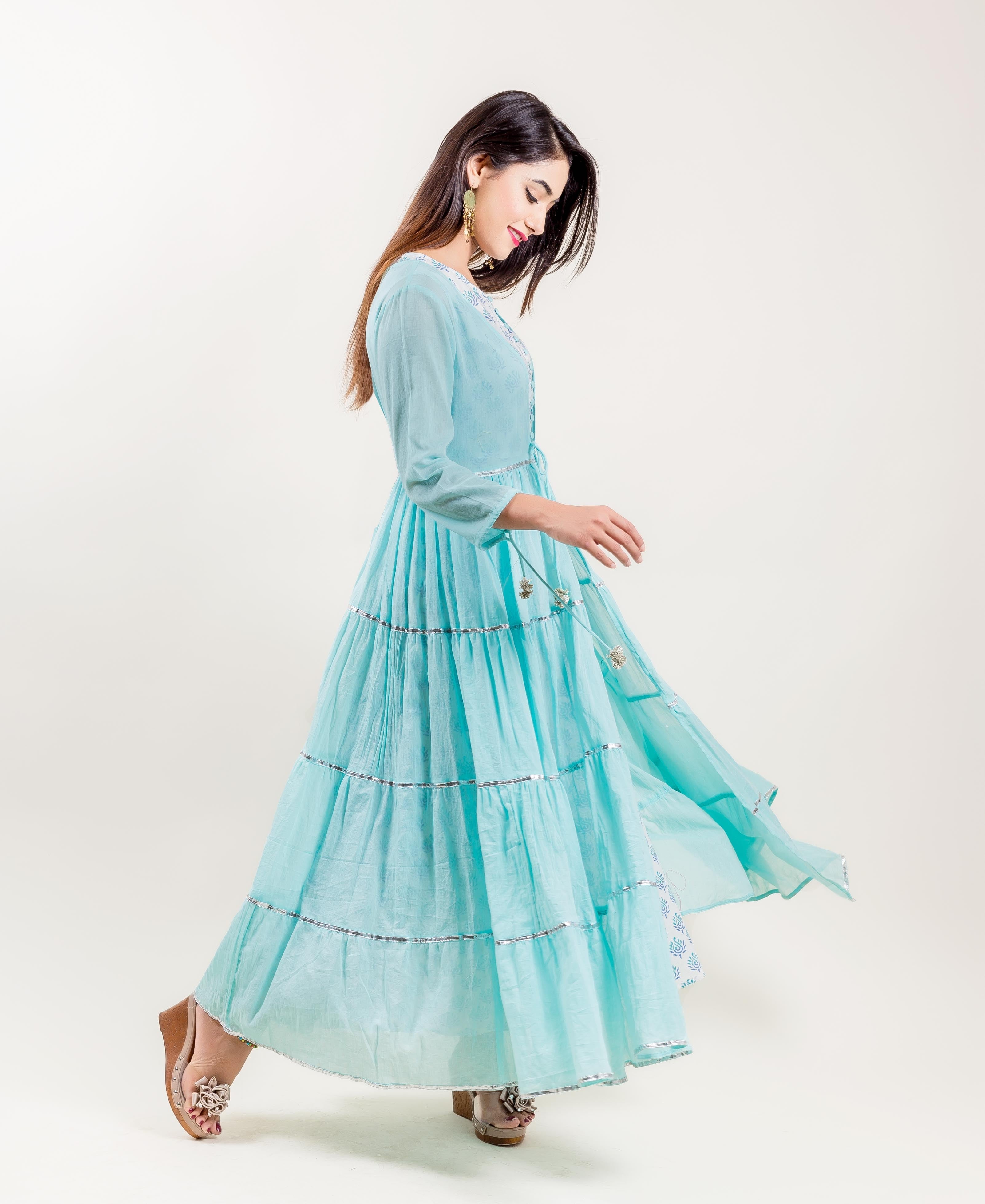 Aqua Cotton Tiered Indo Western Dress With Sleeveless Inner - S Aqua Cotton Tiered Indo Western Dress With Sleeveless Inner - S
