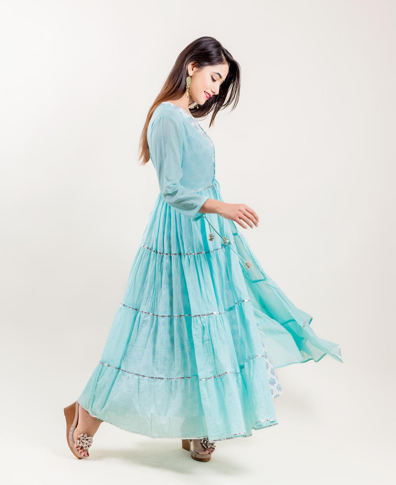 Aqua Cotton Tiered Indo Western Dress With Sleeveless Inner - S Aqua Cotton Tiered Indo Western Dress With Sleeveless Inner - S