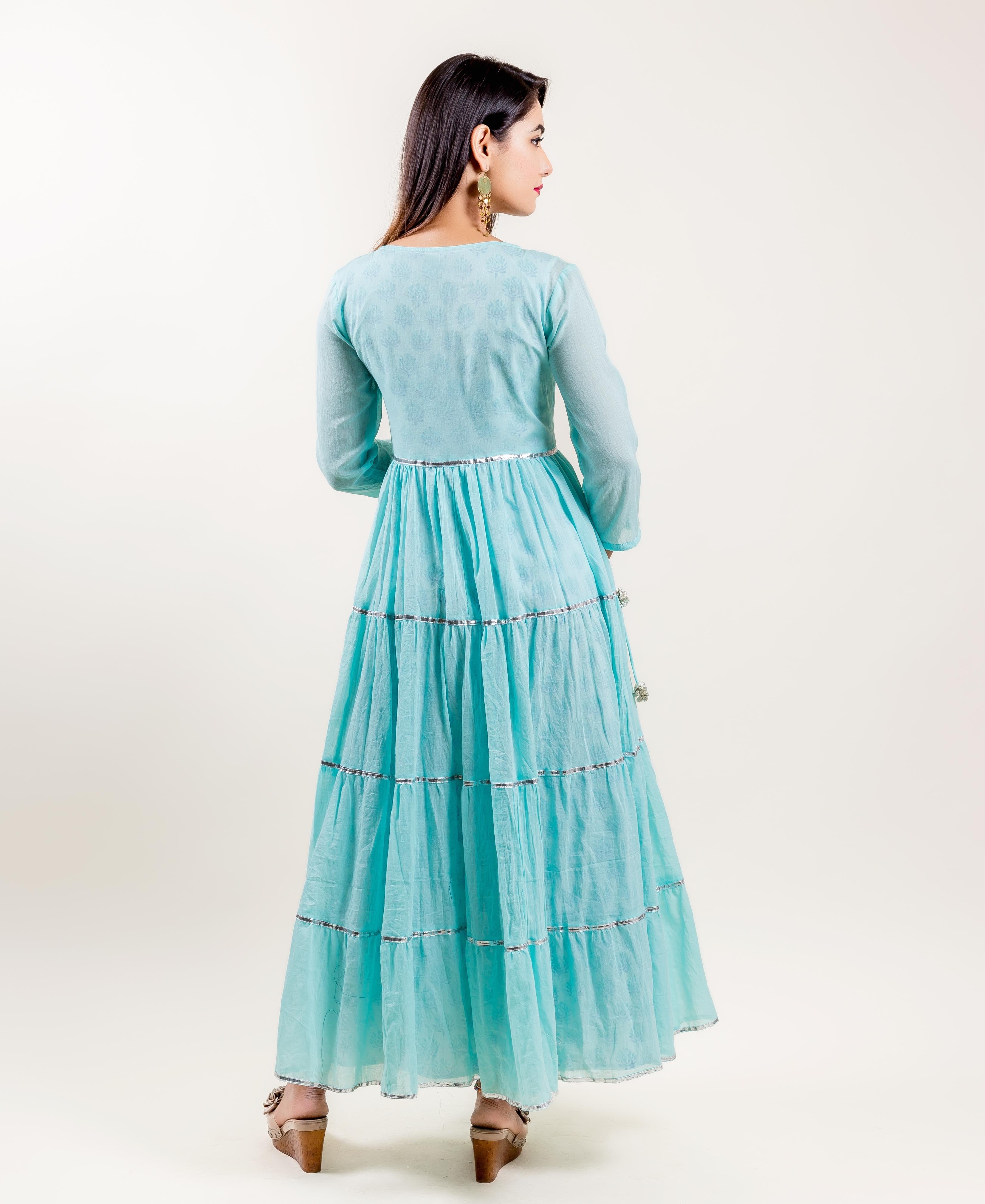 Aqua Cotton Tiered Indo Western Dress with Sleeveless inner - S Aqua Cotton Tiered Indo Western Dress with Sleeveless inner - S