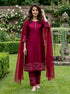 Wine Red Embroidered Chanderi Silk Kurta with Cotton Pants & Organza Dupatta