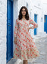 White & Peach Floral Handblock Tiered Cotton Dress