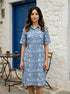 Blue Handblock Cotton Collar-Neck Straight Dress