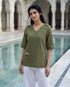Olive Hand-Embroidered Cotton Slub V-Neck Top