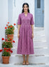 Purple Handblock Cotton Mandarin-Collar Dress with Elastic Back