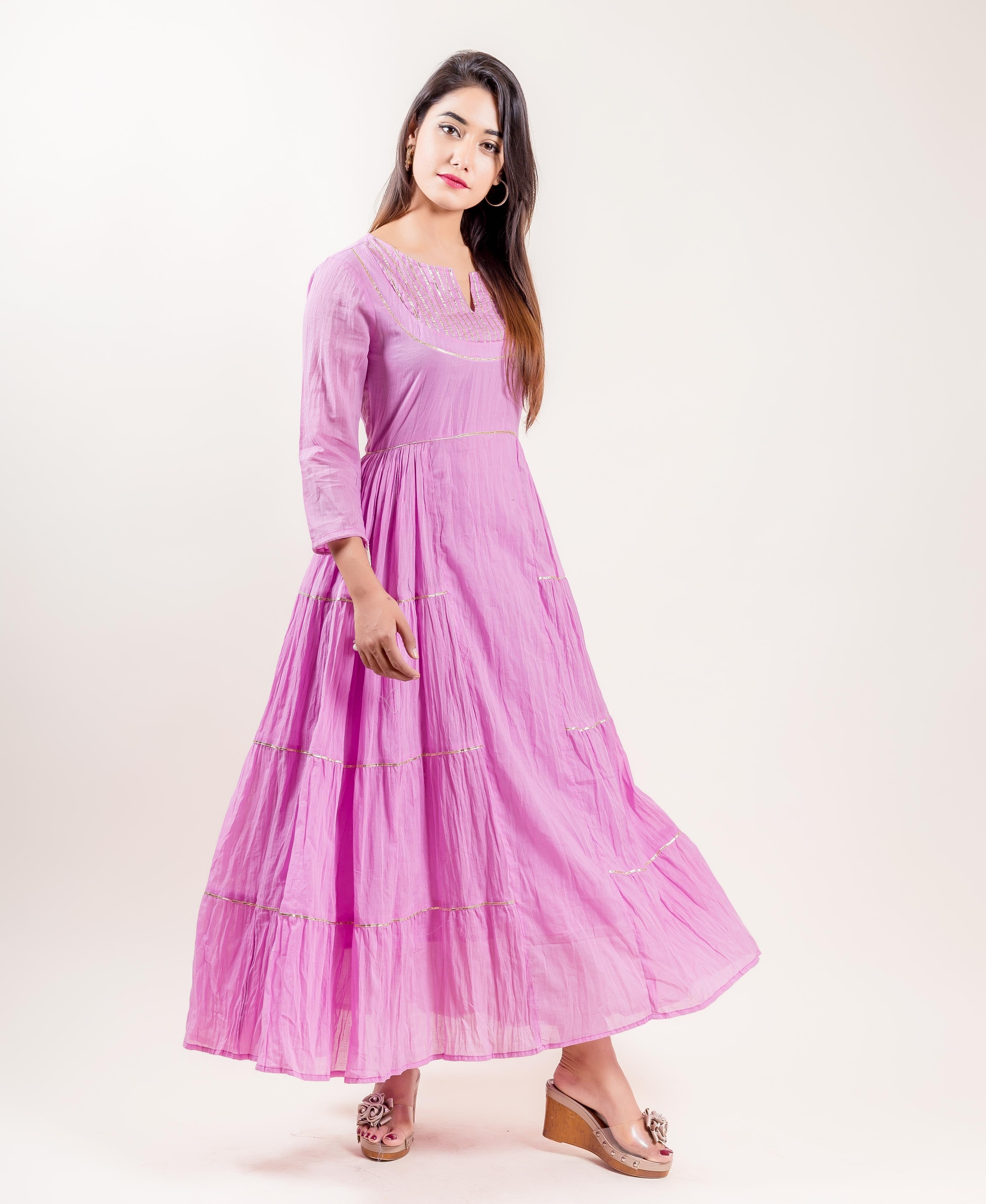 Quarter Sleeved Cotton Pink Tiered Full Length Dress - XL Quarter Sleeved Cotton Pink Tiered Full Length Dress - XL