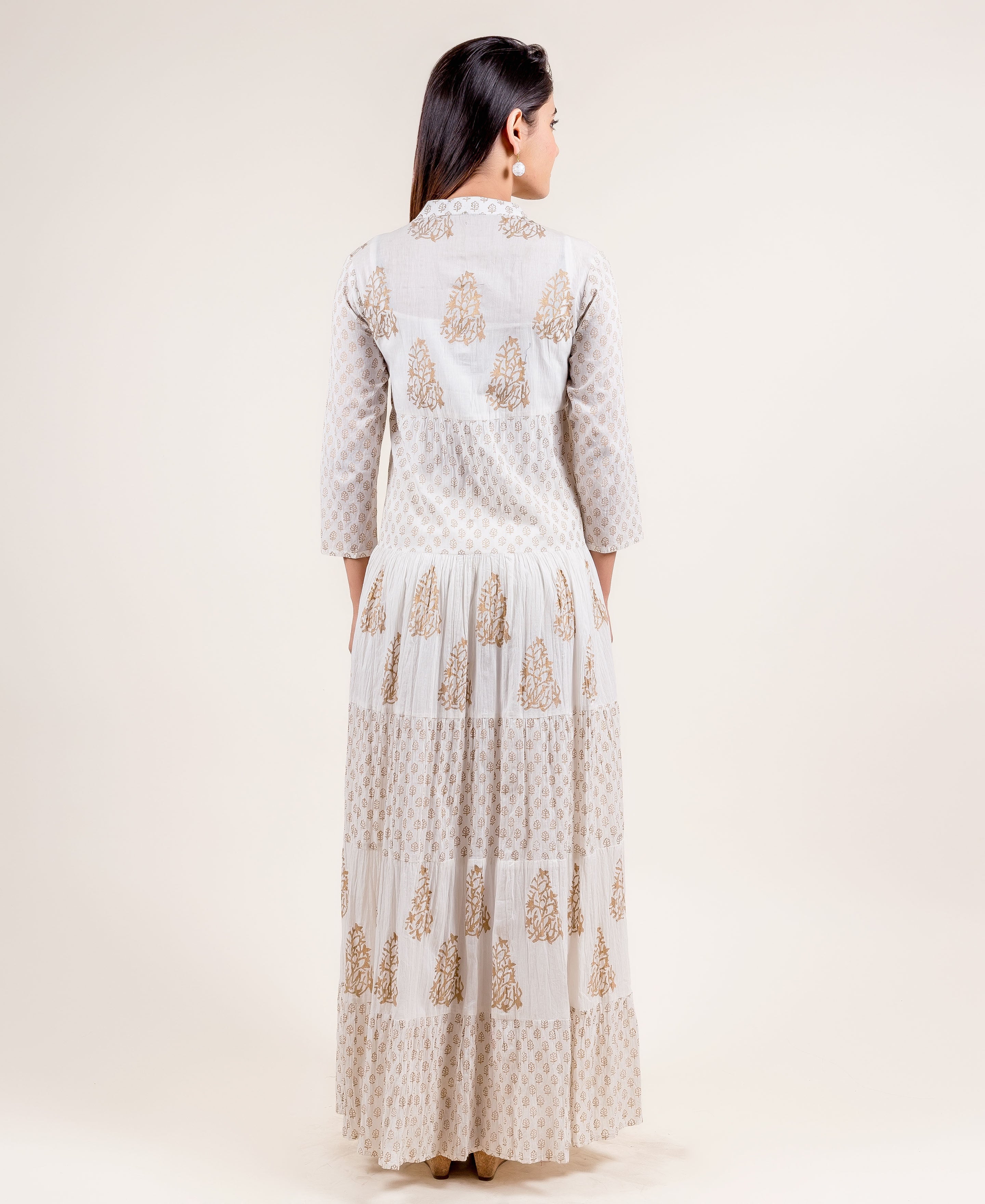 V- Neck Gold Block Print Princess Cut Anarkali Style Gown Dress XS V- Neck Gold Block Print Princess Cut Anarkali Style Gown Dress XS